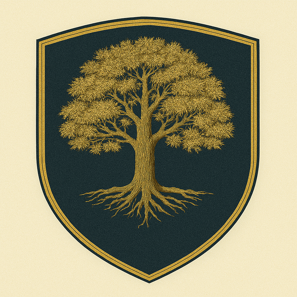The TOOBA logo: A crest logo of a gold tree over a green shield with a thick gold border